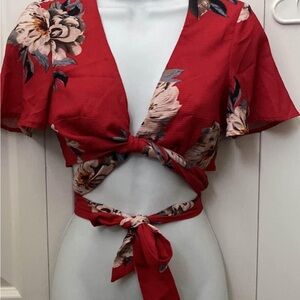 Floral Red Wrap Top